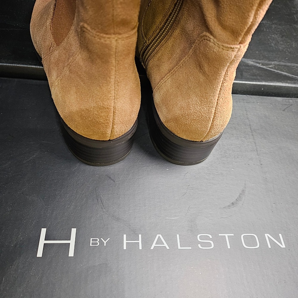 H by Halston Naomi Suede Knee High‎ Boots Tan Elastic Side Zip Block Heel 5.5M - Picture 7 of 15